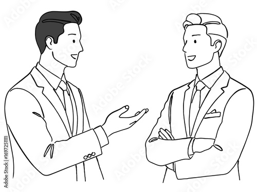 笑顔で会話をする男性のビジネスマンの上半身のおしゃれな線画アイコンベクターイラスト / オフィス / ラインアート
