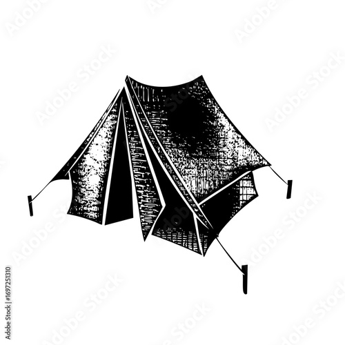 Vector Detailed monochrome of a camping tent with stakes.