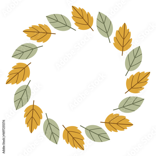 Autumn leaves circle frame. Round border made of fall leaves. The leaves are arranged in a circle. Vector flat isolated on white background.