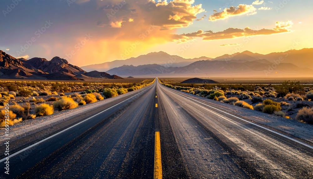 Fototapeta premium Asphalt highway stretching into a desert sunset