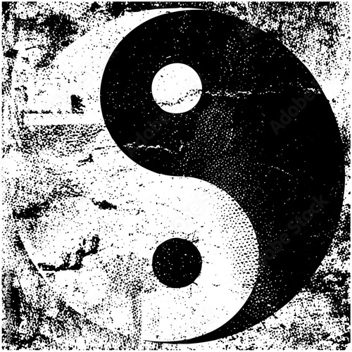 Vector Black and white Yin Yang symbol with distressed texture.