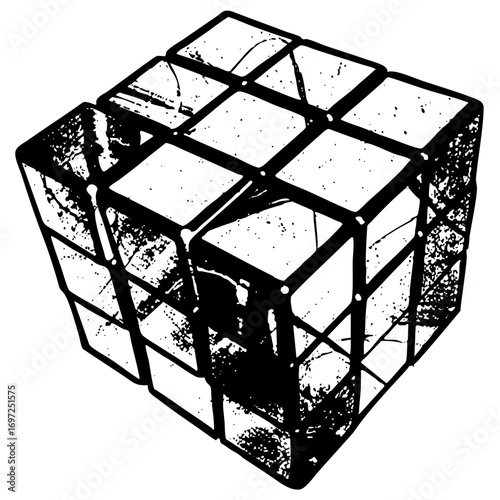 Vector Abstract geometric cube with distressed texture.
