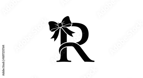 Letter R Elegance: A Monochromatic Emblem Adorned with a Decorative Bow for Unique Initial Design