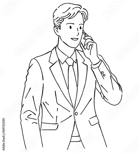 笑顔でスマートフォンで通話をする若い男性のビジネスマンの上半身のおしゃれな線画アイコンベクターイラスト / オフィス / ラインアート
