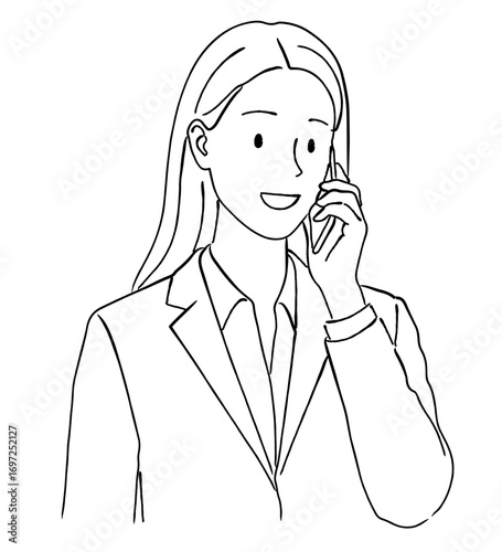 笑顔でスマートフォンで通話をする若い女性のビジネスマンの上半身のおしゃれな線画アイコンベクターイラスト / オフィス / ラインアート