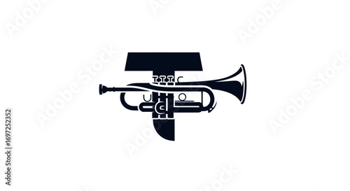 Artistic trumpet emblem incorporating the letter T for music branding or design