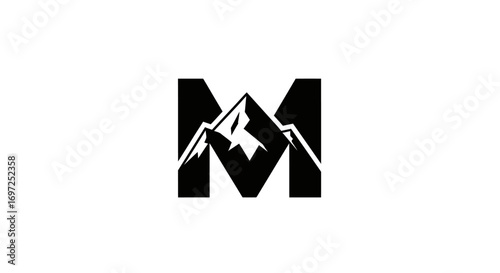 Monochrome majestic mountain emblem formed by letter M for adventure brands and logos