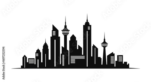 Sleek skyline vector illustration featuring diverse architectural styles in stark black and white