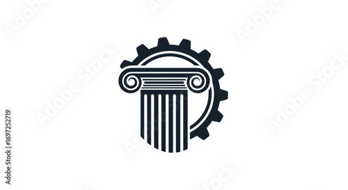 Architectural engineering synergy concept with ionic column and gear in a modern minimalist design