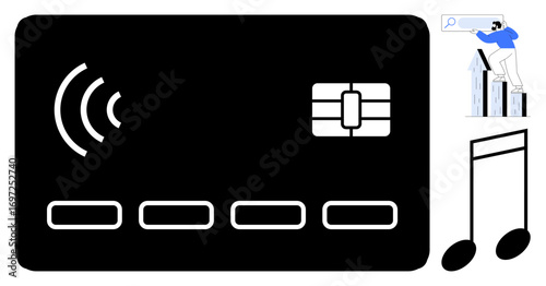 Contactless card with chip, man analyzing growth chart with magnifier, and musical notes. Ideal for payments, technology, analytics, innovation, digital economy, finance simple flat metaphor
