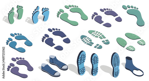 Isometric Footprint and Shoe Sole Icons in Various Colors