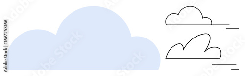 Blue cloud filled shape and two outlined clouds in motion with dynamic lines conveying wind or speed. Ideal for weather, environment, technology, clean energy, communication, data, simple landing