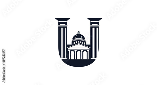 Monochromatic architectural logo design with building and columns evoking a sense of history and