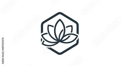 Elegant abstract lotus flower emblem inside a geometric hexagon design, simplicity