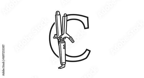 Stylized illustration featuring a curling iron integrated with the letter 'C' design  for beauty