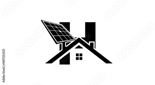 Minimalist home with solar panel system and modern letter H background logo design
