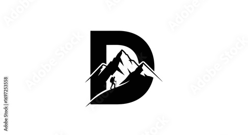 Adventurous journey logo, with the letter D, mountain peaks and hiker silhouette emblem