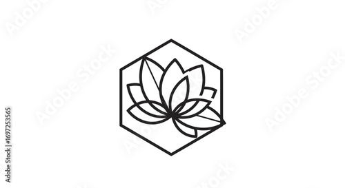 Abstract botanical emblem featuring a lotus blossom within a hexagonal outline shape