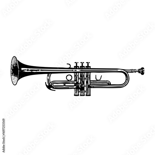 Vector Detailed black and white of a brass trumpet.