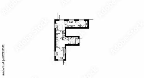Architectural plan forming the letter F showcasing a detailed residential layout design element