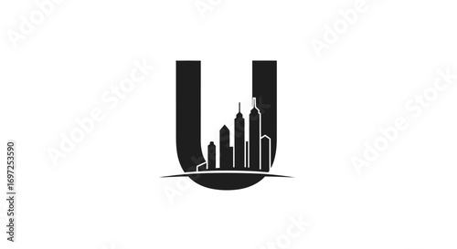 Modern cityscape silhouette nestled inside the letter U for urban identity design element