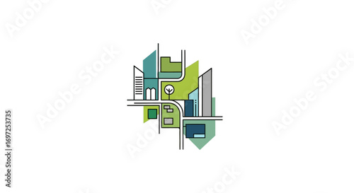 Stylized cityscape layout showing urban planning and sustainable urban development with green spaces
