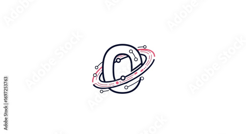 Modern circular data symbol with orbiting technological elements, abstract connections network