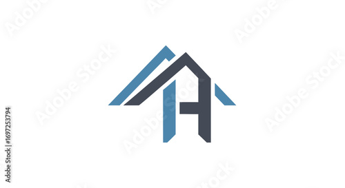 Geometric property emblem design featuring interlocking structures in light and dark tones