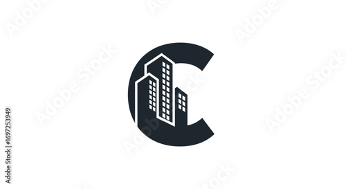Monochromatic 'C' Letter Incorporating Cityscape Silhouettes for Business Identity or Architecture