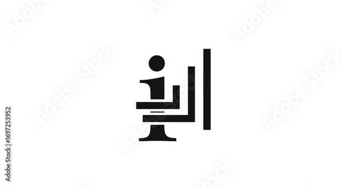 Stylized minimalist logo depicting a figure seated at a workspace with vertical elements adjacent