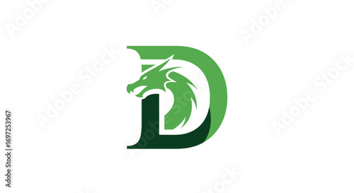 Symbolic green letter D monogram design with a stylized dragon head emblem incorporated within the
