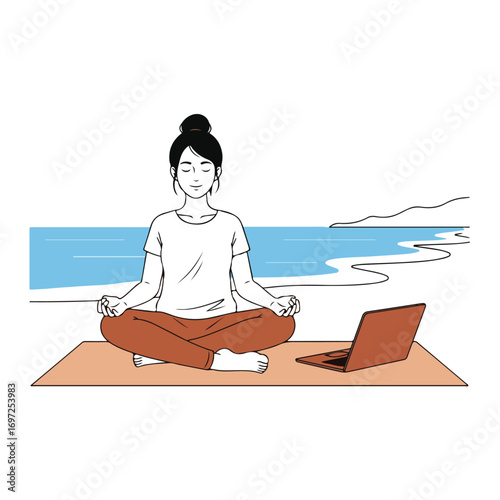 Beach Meditation Online Vector Graphic Illustration