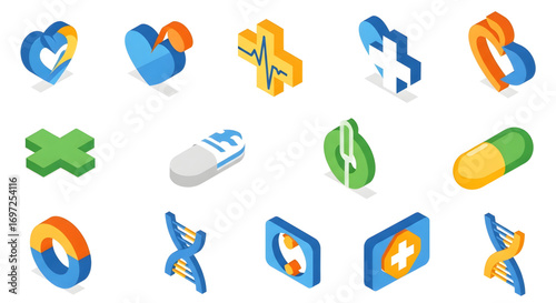 Set of medical and health care isometric icons with heart, cross, DNA, and pill symbols
