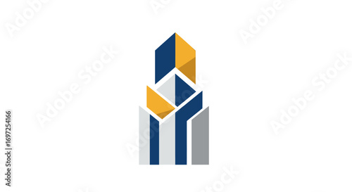 Geometric architecture emblem, blue and gold building with modern minimalist styling