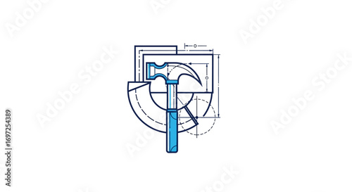 Technical drawing of a hammer with measurement lines showcasing precision and design concept
