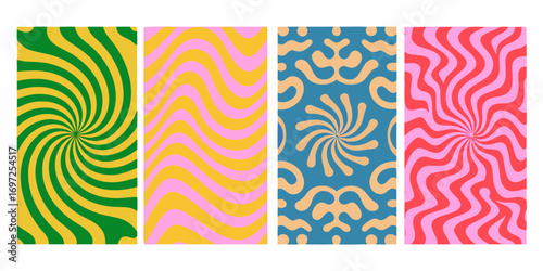 Four vibrant retro abstract patterns with swirling and wavy designs in a vertical layout