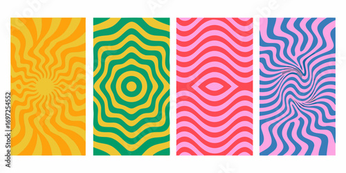 Four vibrant abstract backgrounds with psychedelic wavy patterns and optical illusions in bright colors