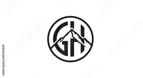Monogram GH Logo Design Featuring Mountain Peaks inside a Circular Geometric Frame