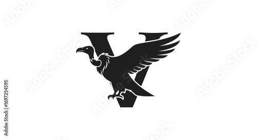 Vulture silhouette with letter V symbolizing nature and wildlife conservation emblem
