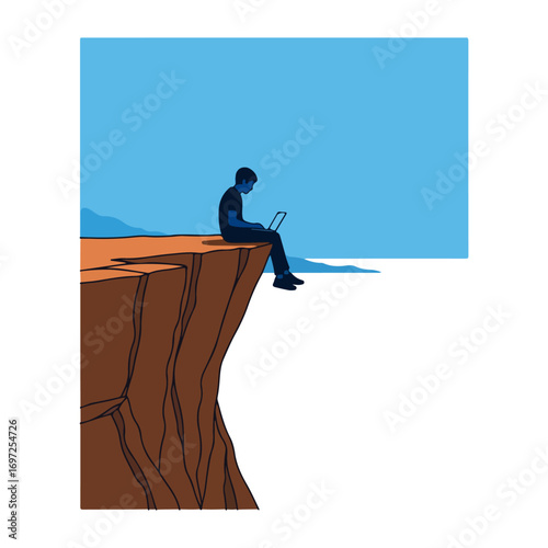 Man on Cliff Edge Working Remotely