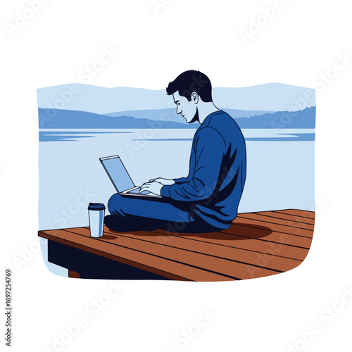 Man Working on Laptop by the Lake