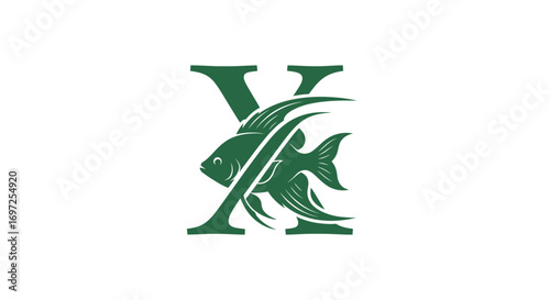 Aquatic letter X monogram featuring a fish motif in elegant and stylized green design