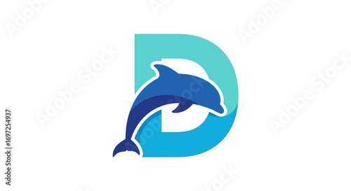 Aqua Letter D Emblem with Leaping Dolphin Silhouette for Marine Brand Identity