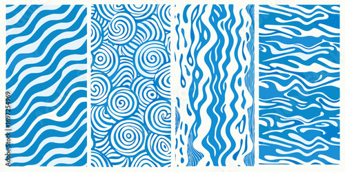 Four abstract blue and white organic patterns featuring waves spirals and flowing lines