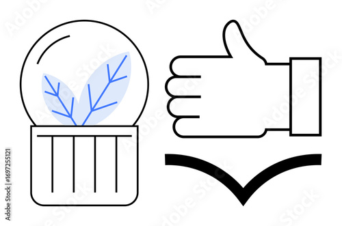 Plant enclosed in glass globe, hand with thumbs-up sign, protective arc. Ideal for sustainability, eco-awareness, environmental protection, support, growth, eco-branding simple landing page