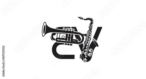 Sophisticated music monogram with bold trumpet and saxophone for creative branding applications