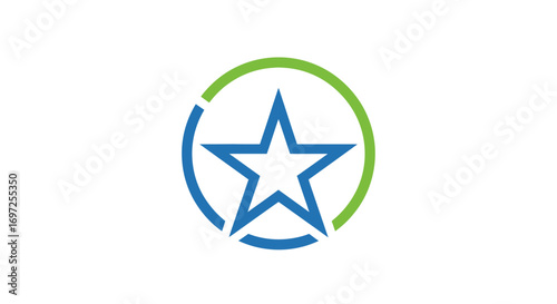 Modern geometric icon featuring a blue star emblem encircled by green and blue arc segments