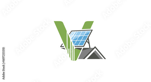 Innovative solar energy company logo design featuring letter V, roofline and panel illustration