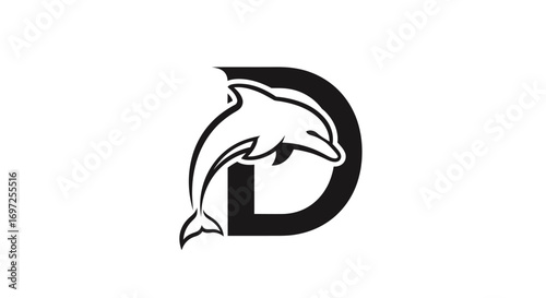 Elegant black and white logo design featuring a dolphin leaping through the letter D