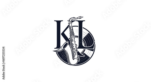Stylized music emblem design incorporating a saxophone and vinyl record aesthetic